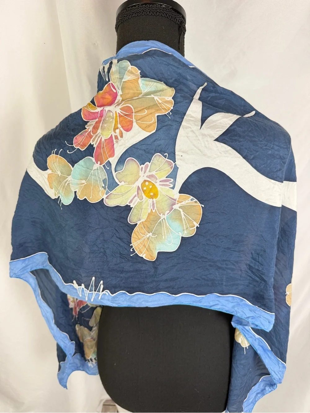 Vintage Floral Bird Print Oversized Scarf Blue Square Wrap Shawl Cottagecore
